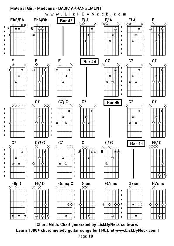 Chord Grids Chart of chord melody fingerstyle guitar song-Material Girl - Madonna - BASIC ARRANGEMENT,generated by LickByNeck software.